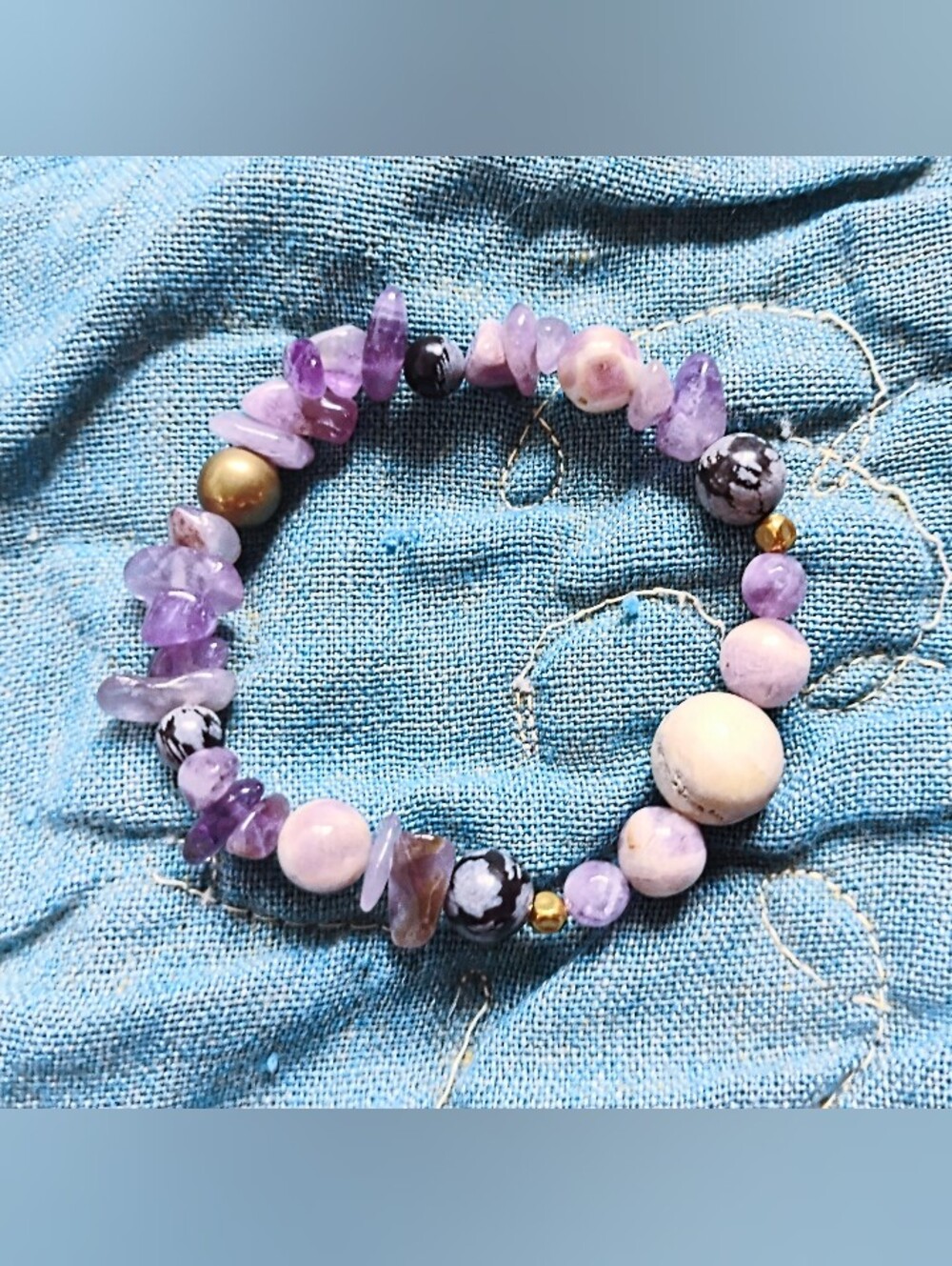 Chunky Handmade Amethyst and Snowflake Obsidian Stretch Bracelet